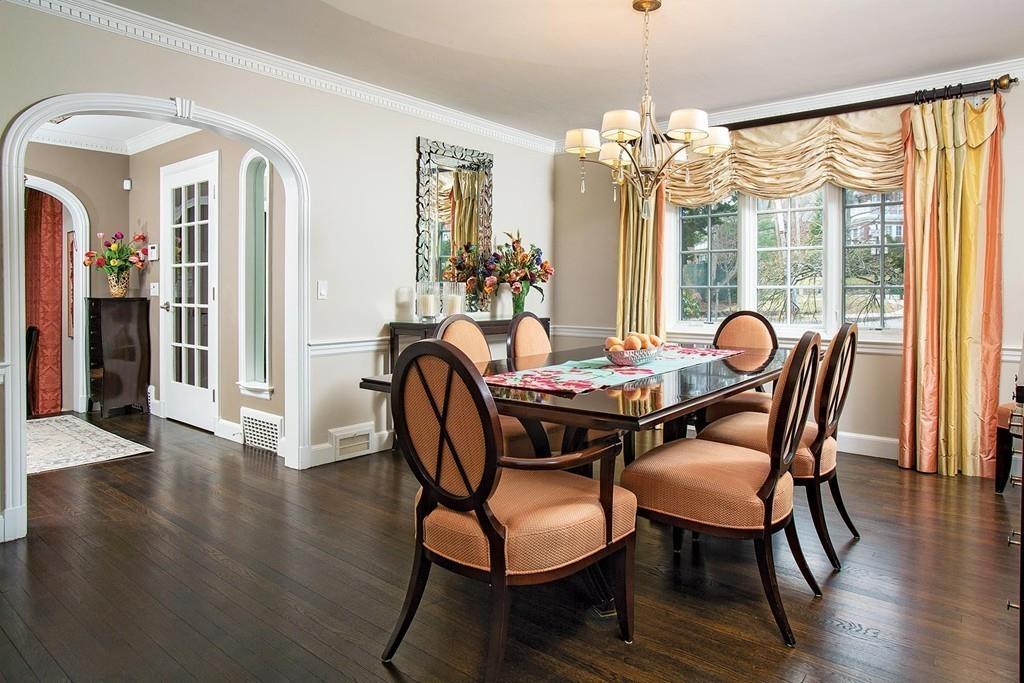101 Blake Road Brookline, MA 02445 - Photo 12 of 28 a dining room with furniture a chandelier and wooden floor