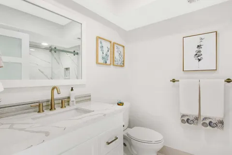 a bathroom with a granite countertop sink mirror vanity and toilet