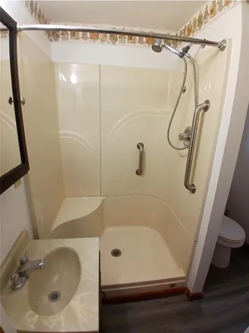 a bathroom with a sink and a shower