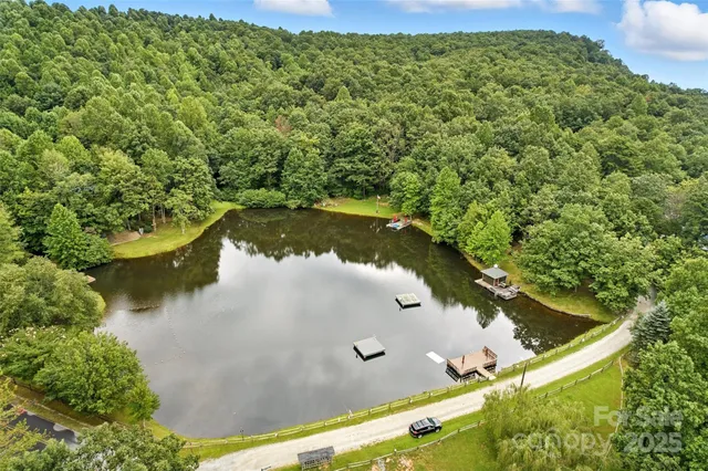 an aerial view of a residential houses with outdoor space and trees