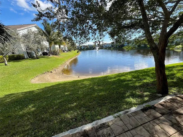 a view of a park with large trees