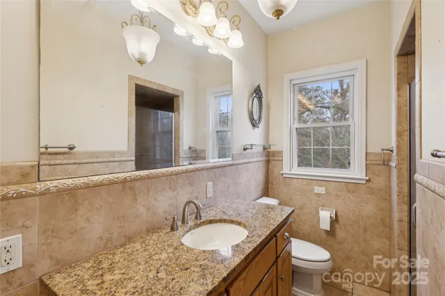 a bathroom with a granite countertop sink a toilet and a mirror