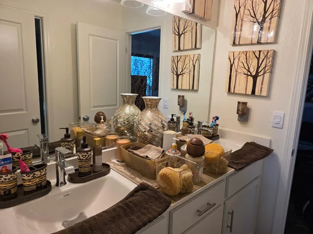 a bathroom with a sink and a mirror