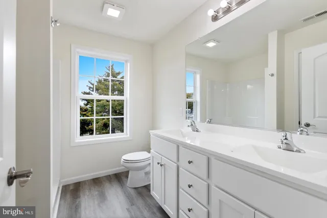a bathroom with double vanity sink a mirror and a toilet