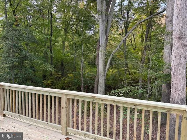 a view of a wooden deck and forest