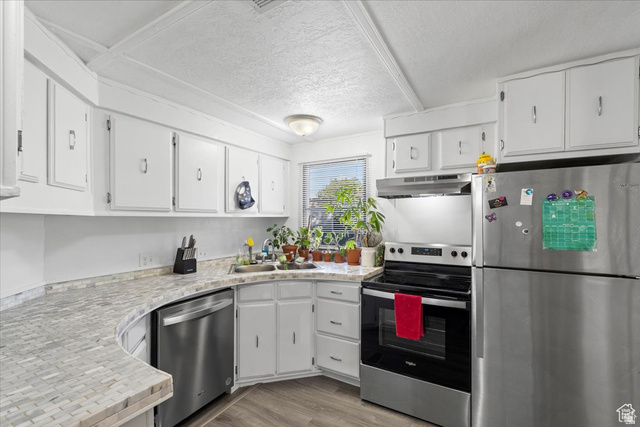 2875 North Hill Field Road, Unit 17 Layton, UT 84041 - Photo 1 of 23 Kitchen featuring appliances with stainless steel finishes, white cabinets, light countertops, a textured ceiling, and light wood-style floors