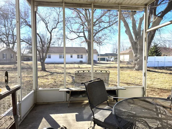 a view of a chairs and table in patio