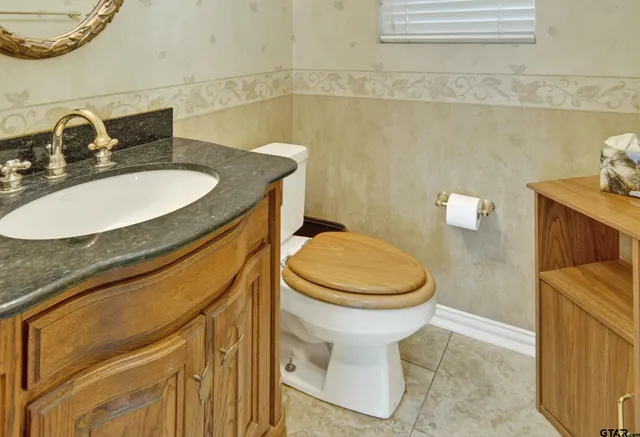 a bathroom with a sink a toilet and a mirror