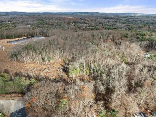 an aerial view of residential houses with outdoor space and trees