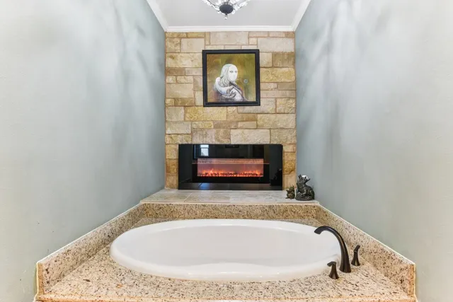 a bathroom with a fireplace