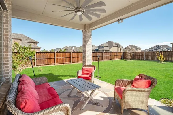 a garden view with a seating space