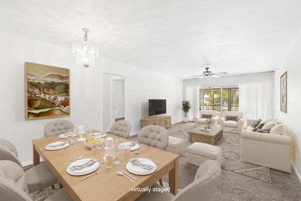 a view of a dining room with furniture window and outside view