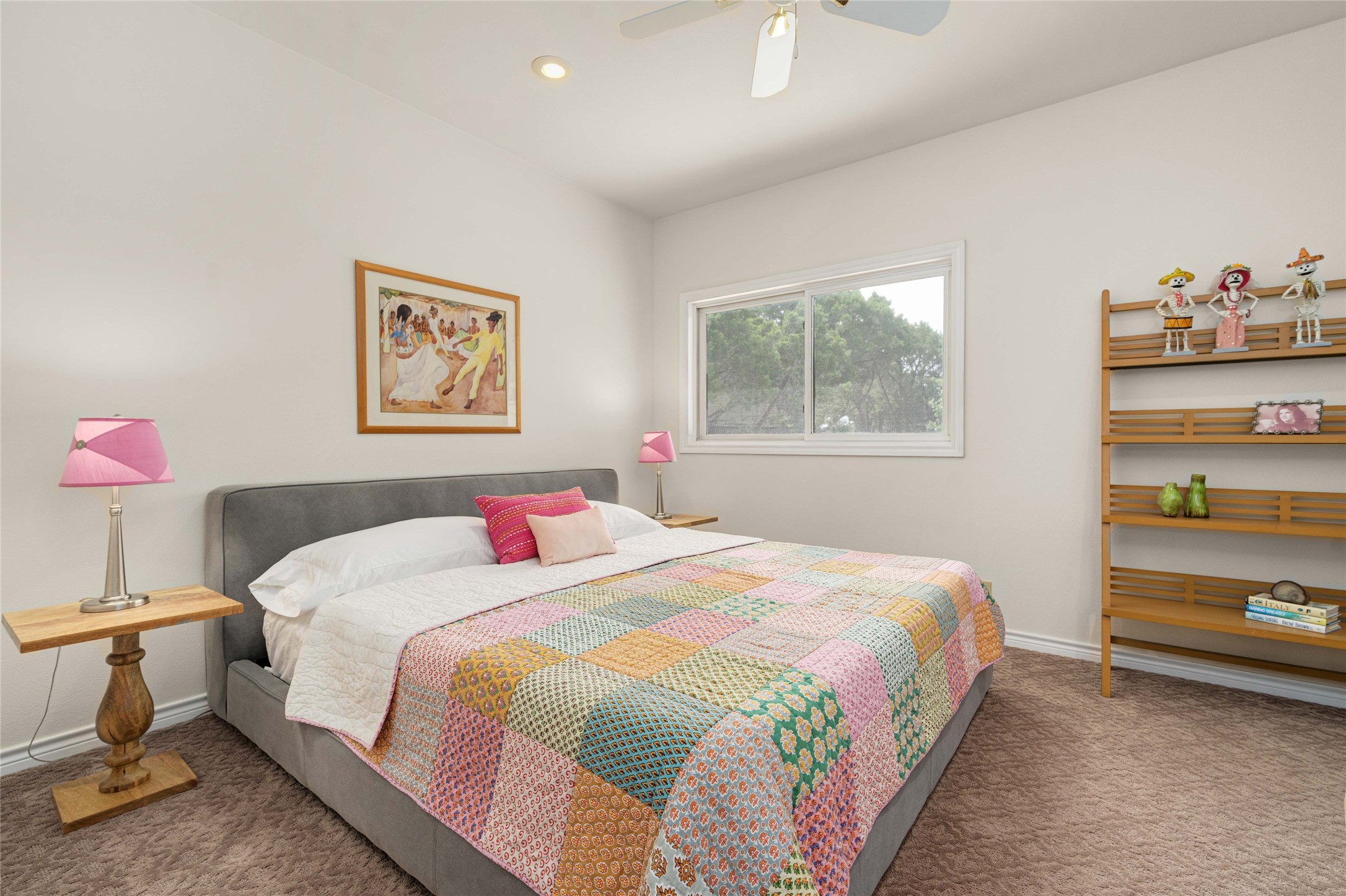 2102 Paisano Road Austin, TX 78746 - Photo 16 of 26 Bedroom featuring carpet floors, a ceiling fan, and recessed lighting