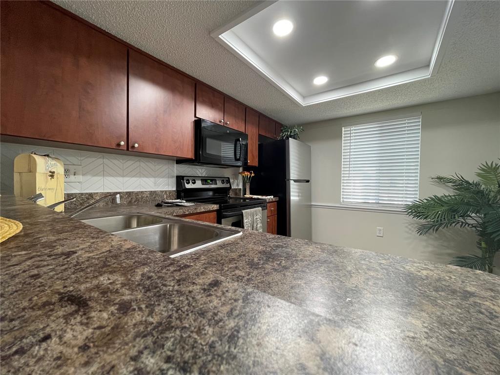 112 Palmetto Court, Unit 112 Oldsmar, FL 34677 - Photo 10 of 46 a kitchen with granite countertop a stove a sink and a microwave