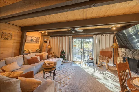 a living room with furniture a fireplace and a floor to ceiling window