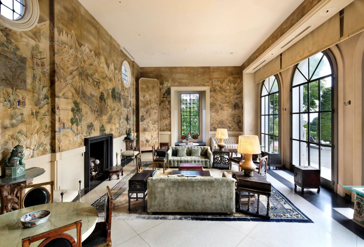 Undisclosed Address Hillsborough, CA 94010 - Photo 6 of 9 a living room with fireplace furniture and a floor to ceiling window