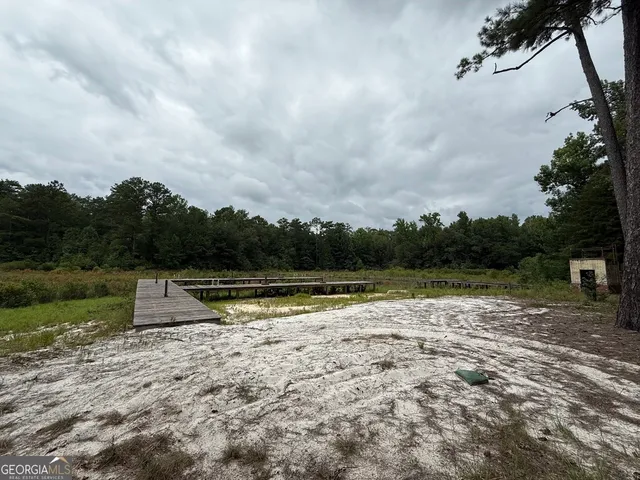 a view of a lake with houses in the back