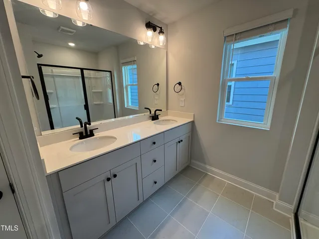 a bathroom with a double vanity sink a mirror and a shower