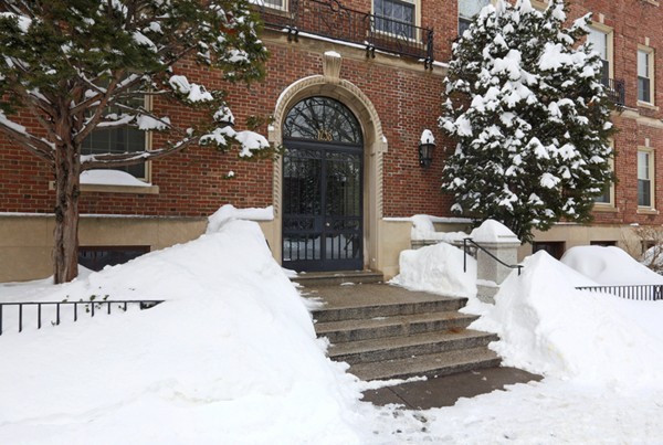 a view of a building with a bench