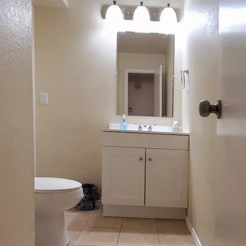a bathroom with a sink a toilet and mirror