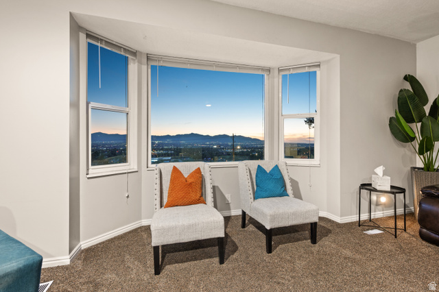 Bay window with mountain scenery and city lights