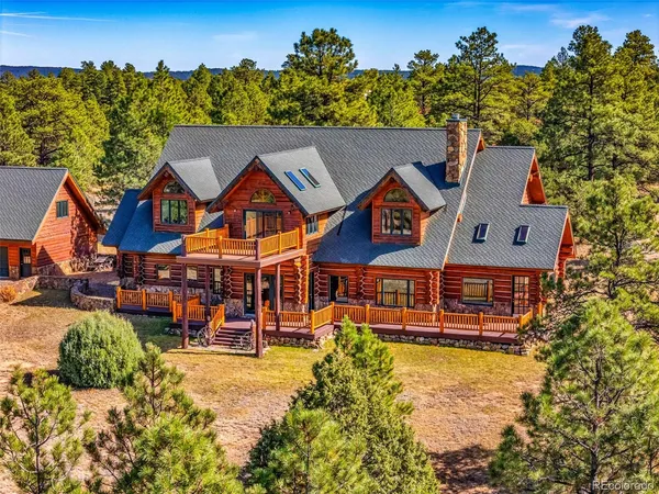 an aerial view of a house with swimming pool and large trees