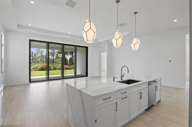 a view of a kitchen sink and dishwasher with wooden floor