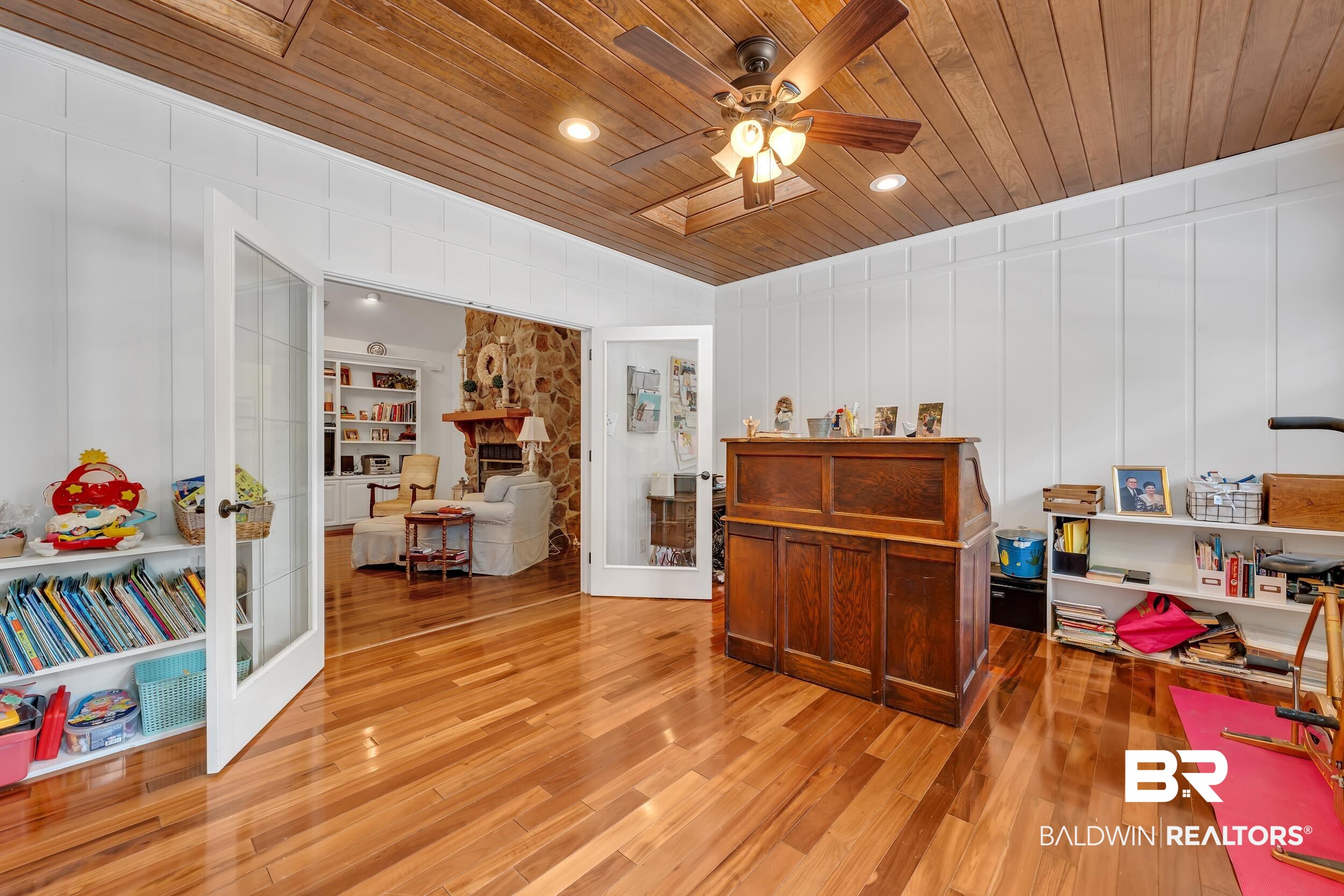 2 Navy Lane Daphne, AL 36527 - Photo 16 of 28 Living area with a decorative wall, recessed lighting, light wood-style floors, wood ceiling, and ceiling fan