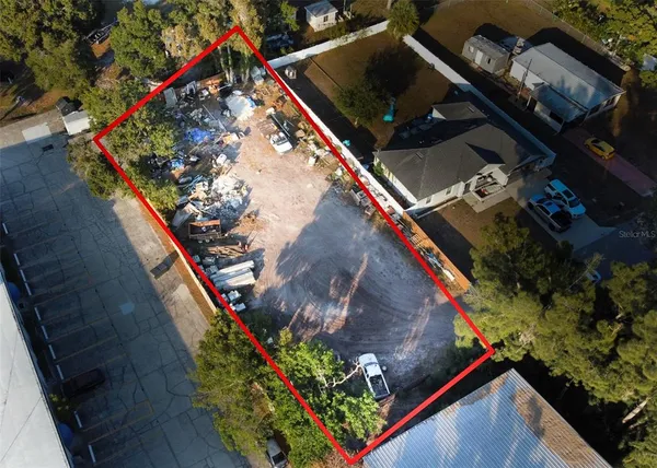 a view of a park with large trees