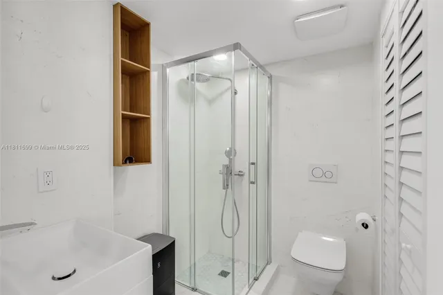 a bathroom with a shower and a toilet