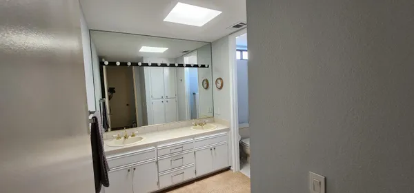 a bathroom with a double vanity sink mirror and shower