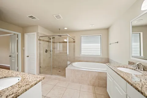 a spacious bathroom with a granite countertop tub sink and shower