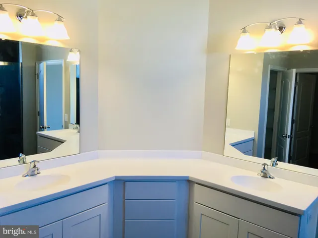 a bathroom with a double vanity sink and a mirror
