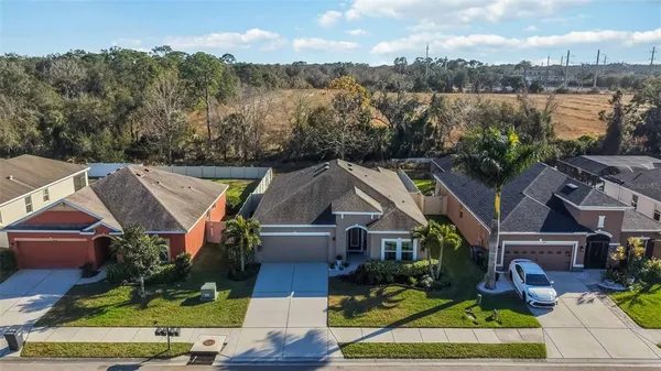 an aerial view of houses with trees