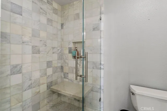 a bathroom with a shower and toilet