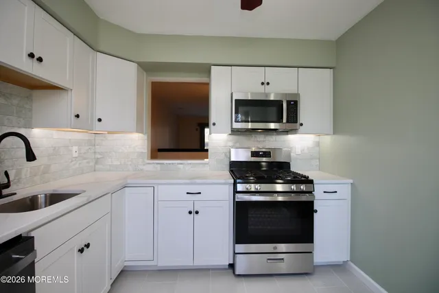 a kitchen with cabinets stainless steel appliances and a sink