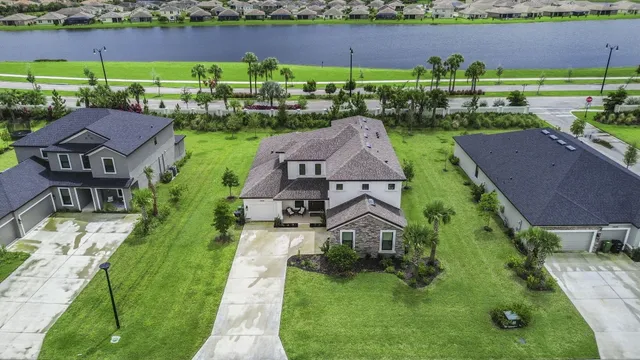 an aerial view of multiple houses with yard