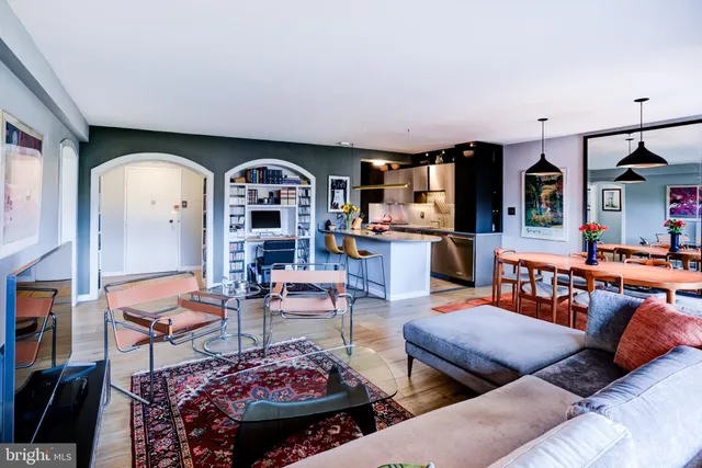 a view of a dining room with furniture