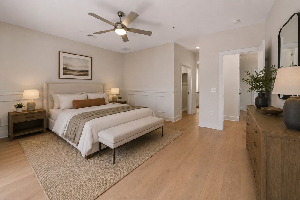 2827 Manor Road, Unit 2201 Austin, TX 78722 - Photo 23 of 40 Spacious room featuring wood-finish flooring, wainscoting, an upholstered headboard, a ceiling fan with integrated lighting, and multiple doorways
