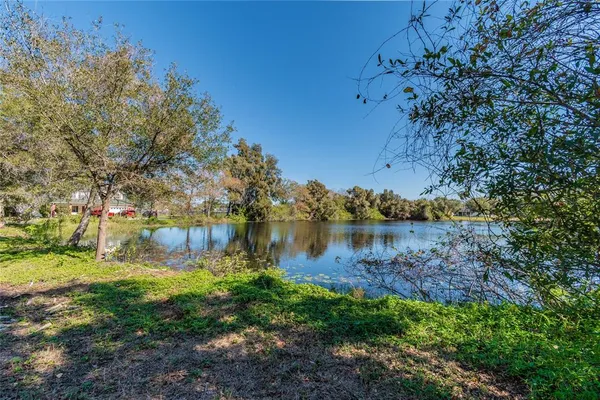 a view of a lake in between two chairs