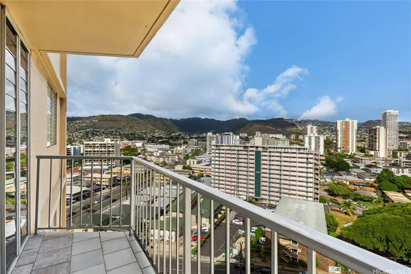 a view of a balcony with city view
