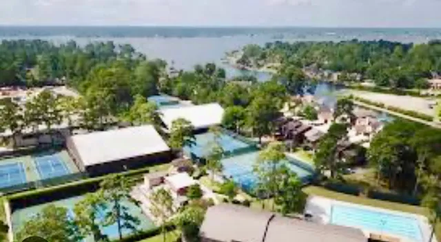 a view of a backyard with plants and lake view