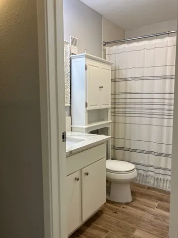 a bathroom with a sink toilet and shower