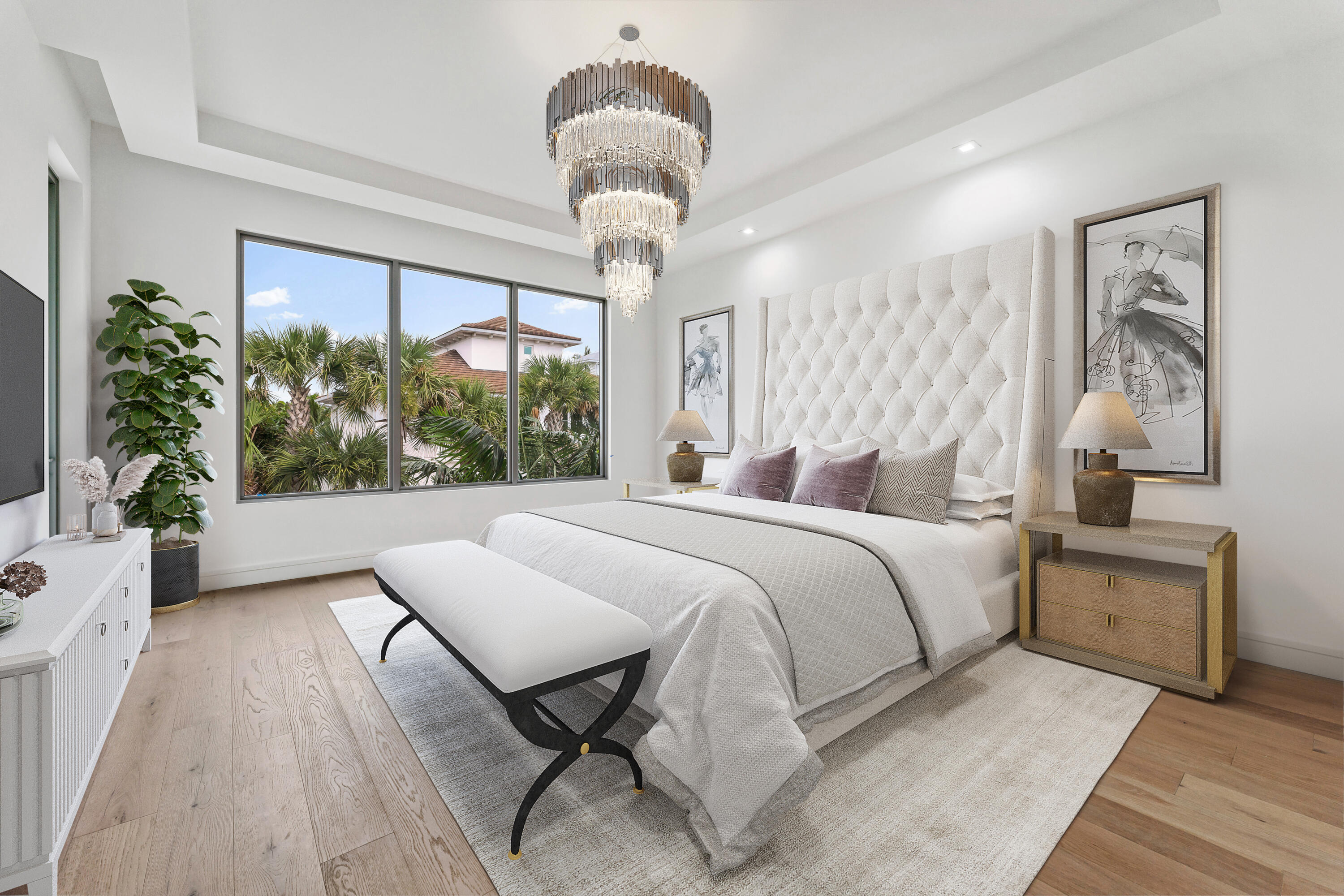 423 Ocean One Lane Juno Beach, FL 33408 - Photo 7 of 58 a bedroom with a large bed and a chandelier