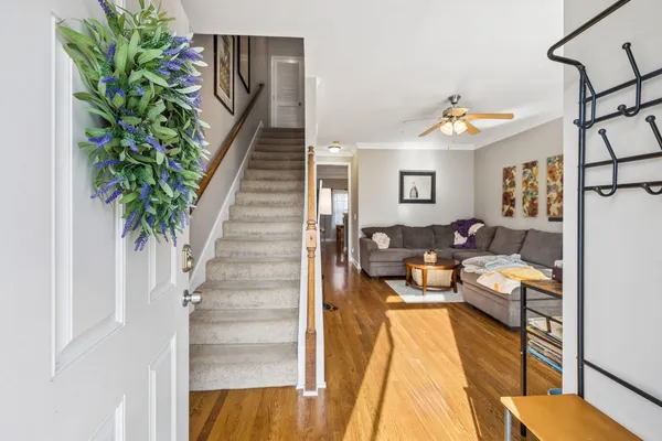 a view of a living room and dining room