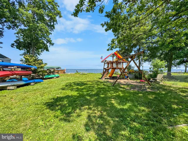 a view of a park with large trees