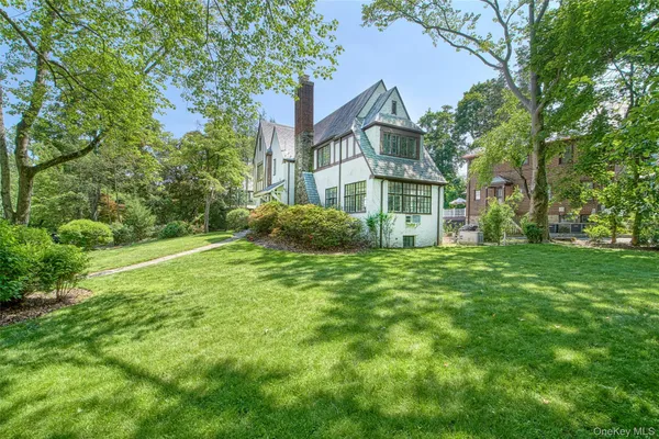 a view of a big yard with plants and large trees