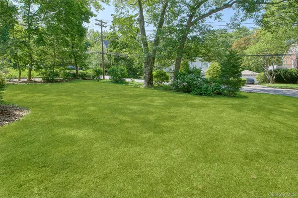 a view of a park with trees in the background