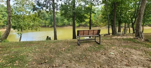 a wooden bench sitting in the middle of a yard