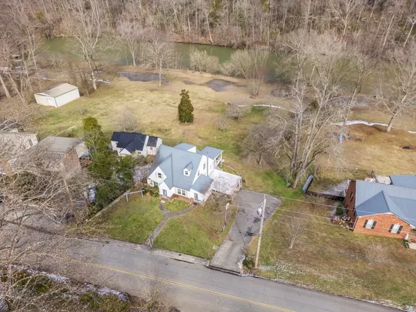 a view of a yard with large trees